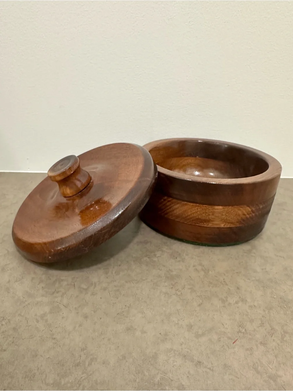 Vintage Hand Turned Solid Wooden Lidded Covered Bowl w/ Knob - Brown Trinket Box